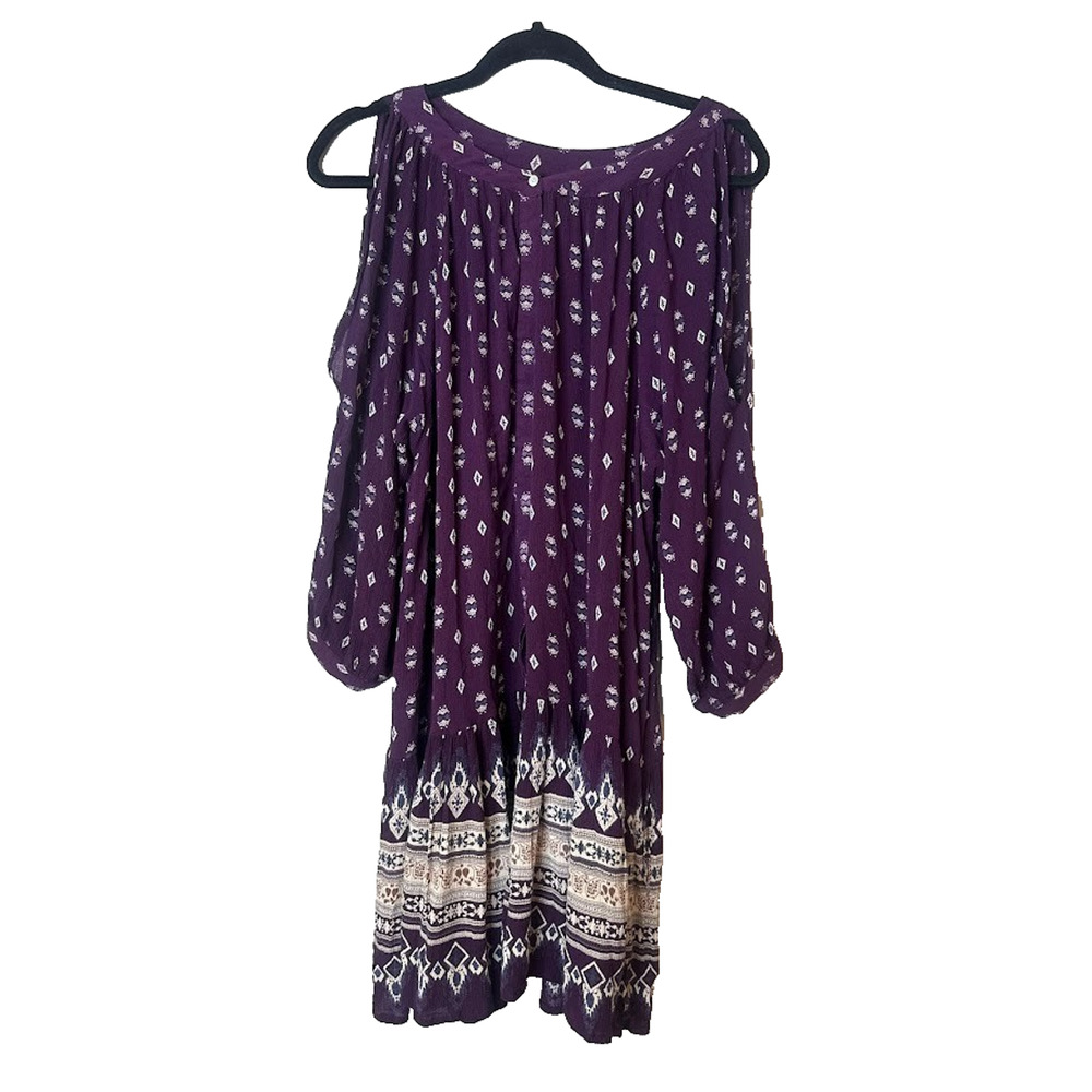 World Market Tunic Dress Boho Hippie Tassel‎ Purple Cold Shoulder Geometric L/XL